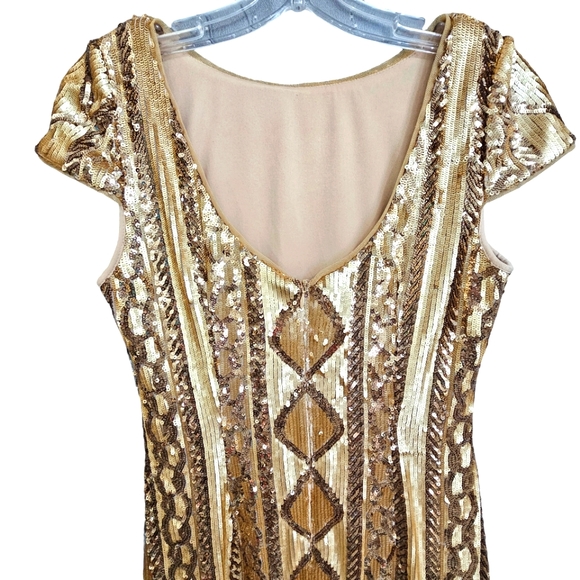 Nwot Adrianna Papell Cable Knit Cap Sleeves Gold Geometric Sequin Cocktail Dress - Picture 13 of 17